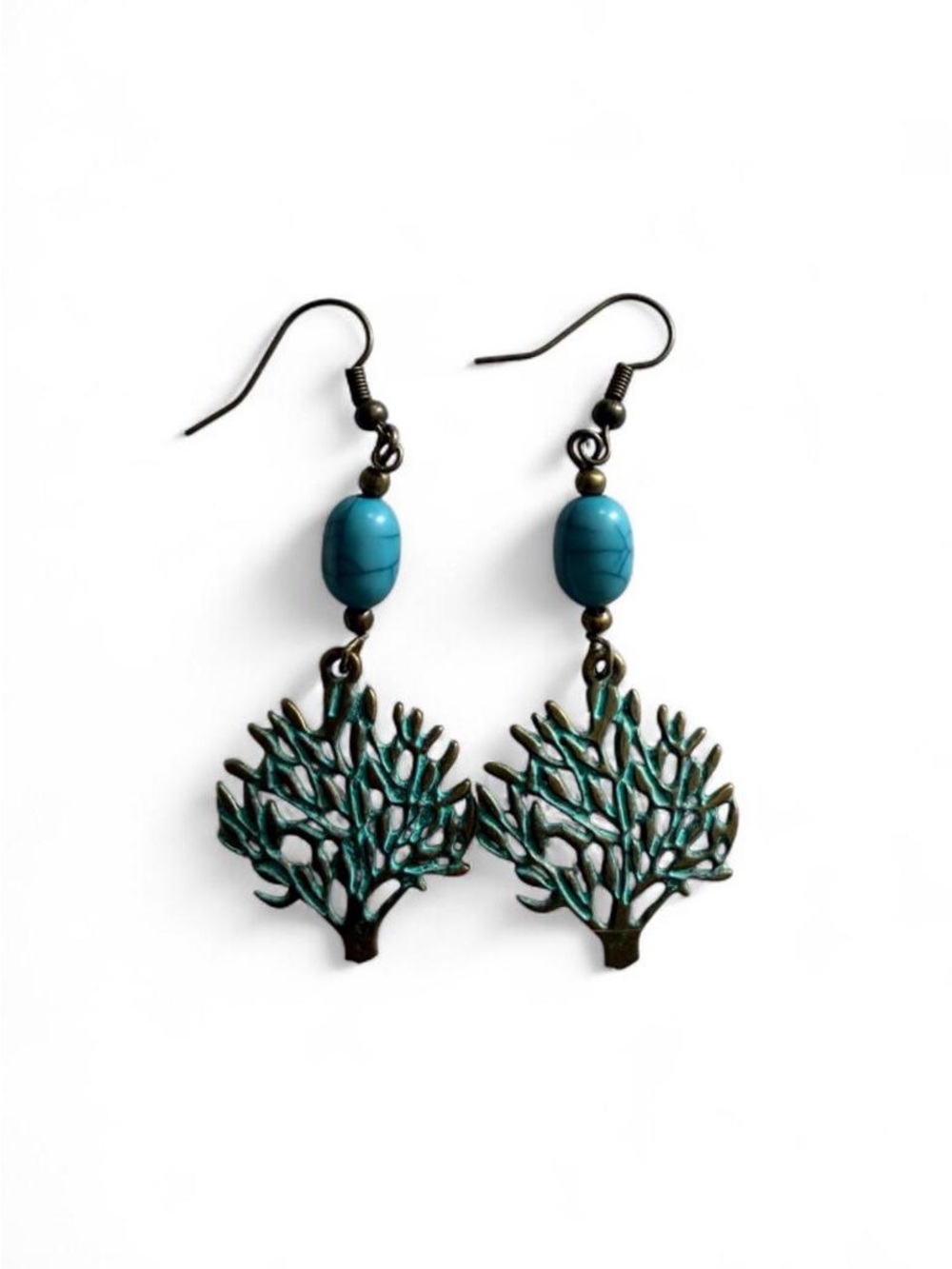 Handmade Turquoise Tree / Coral Branch Dangle Earrings